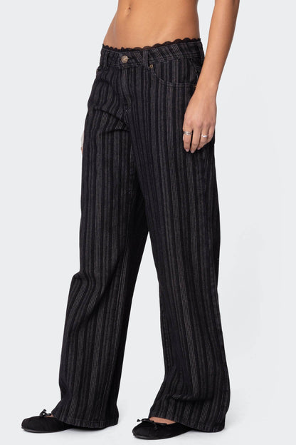 Lace Trim Striped Low Rise Baggy Jeans