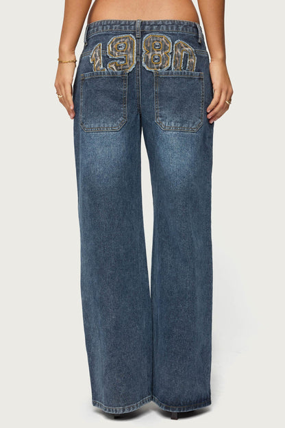 1980 Leopard Patch Low Rise Baggy Jeans