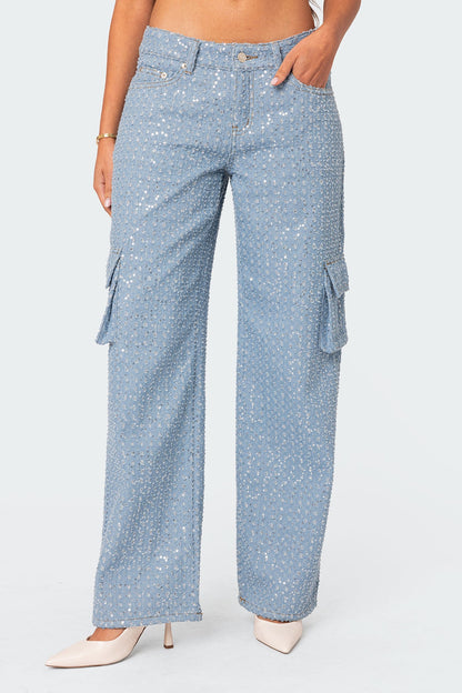 Icing Sequin Low Rise Baggy Cargo Jeans