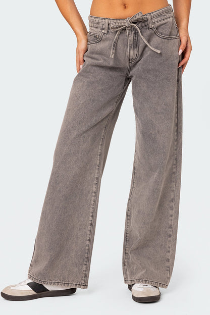 Tie Waist Washed Low Rise Baggy Jeans