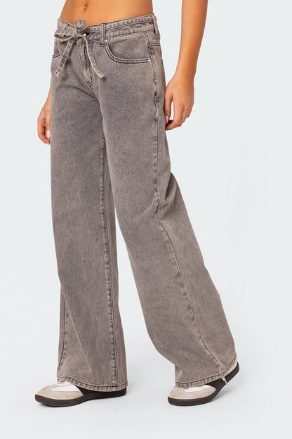 Tie Waist Washed Low Rise Baggy Jeans