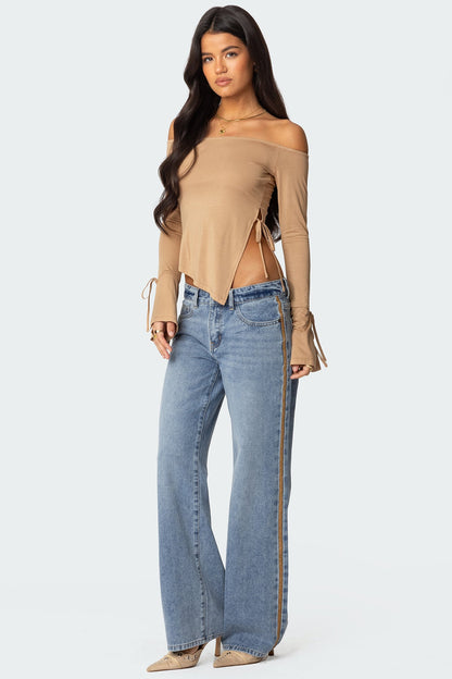 Faux Suede Stripe Low Rise Straight Leg Jeans