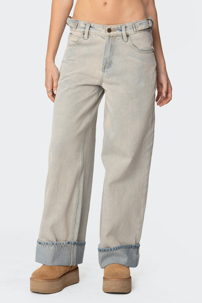 Double Belt Washed Low Rise Baggy Jeans