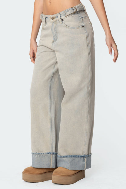 Double Belt Washed Low Rise Baggy Jeans