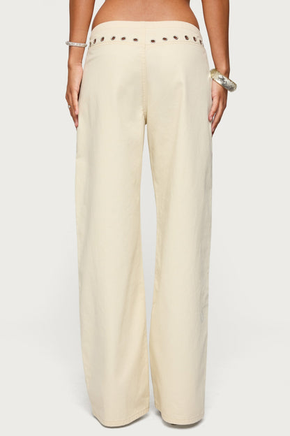 Grommet Tie Waist Low Rise Baggy Jeans