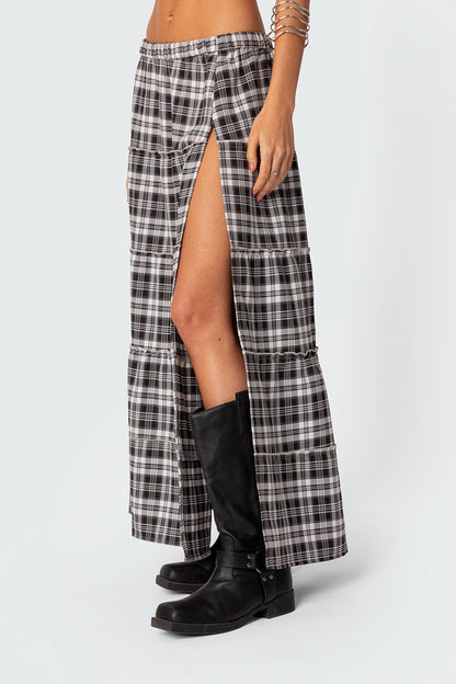 Plaid Side Slit Tiered Maxi Skirt