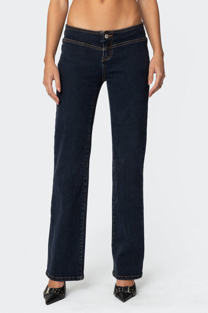 Ribbon Lace Up Low Rise Straight Leg Jeans