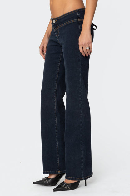 Ribbon Lace Up Low Rise Straight Leg Jeans