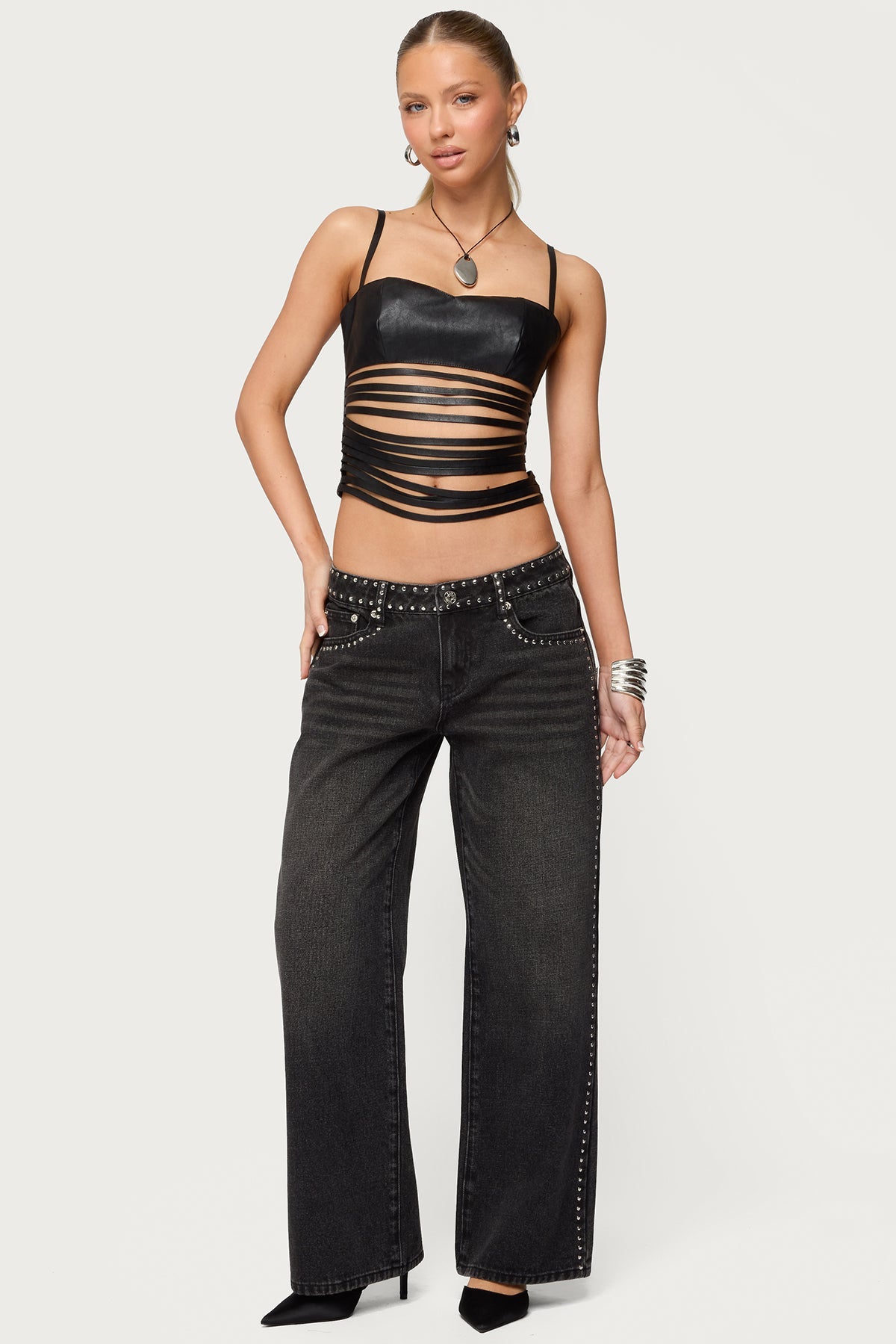 Petite Quincy Studded Low Rise Baggy Jeans