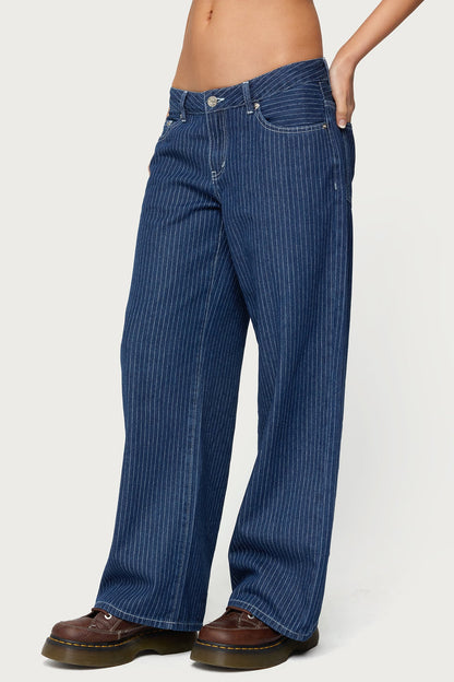 Petite Pinstripe Low Rise Baggy Jeans