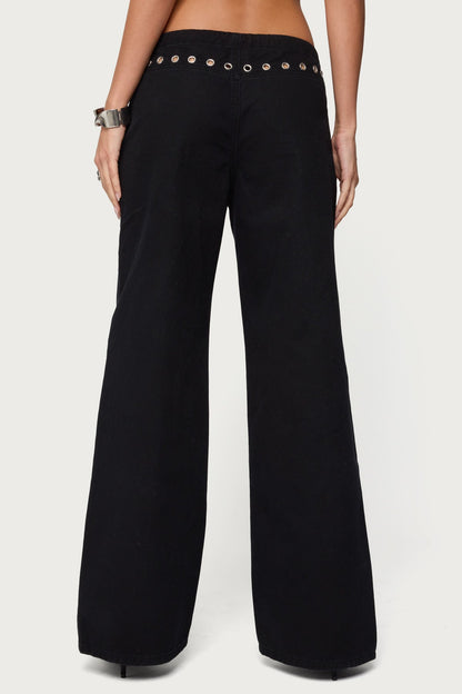 Grommet Tie Waist Low Rise Baggy Jeans