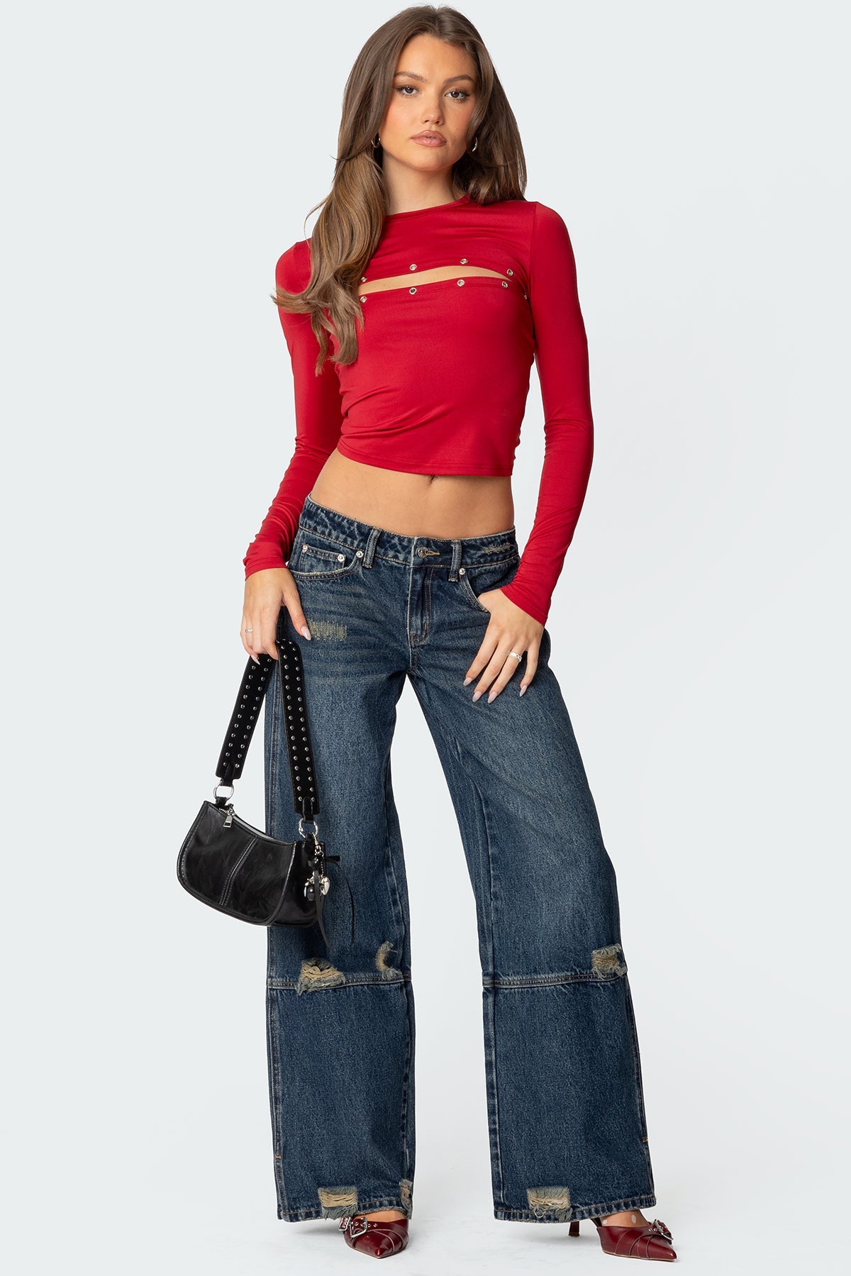 Slitted Distressed Low Rise Baggy Jeans