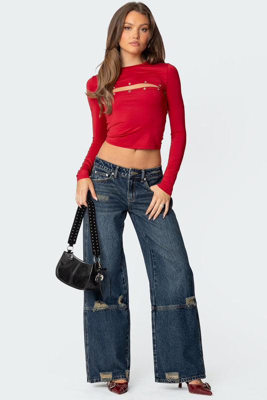 Slitted Distressed Low Rise Baggy Jeans
