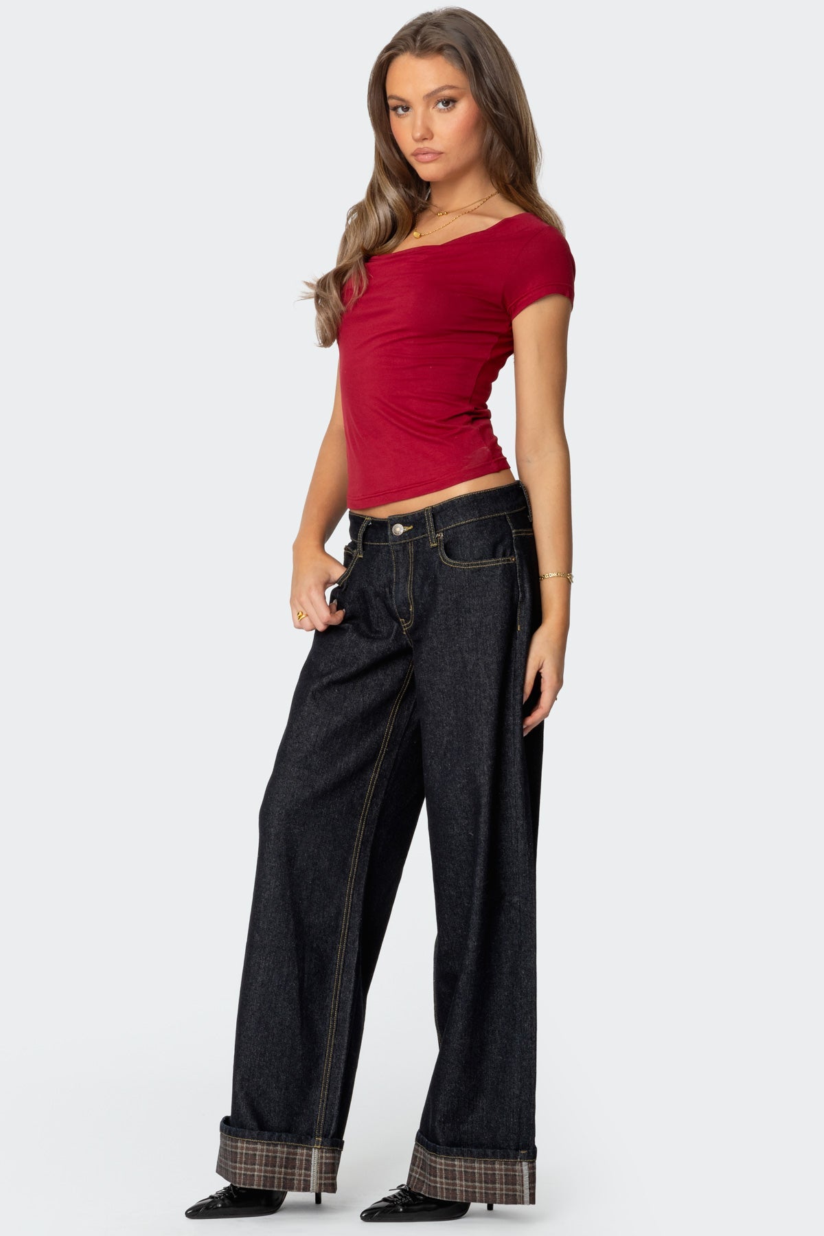 Plaid Cuffed Low Rise Baggy Jeans