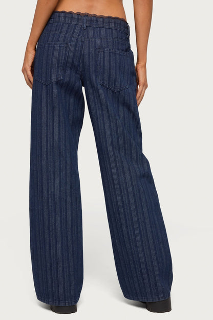 Lace Trim Striped Low Rise Baggy Jeans