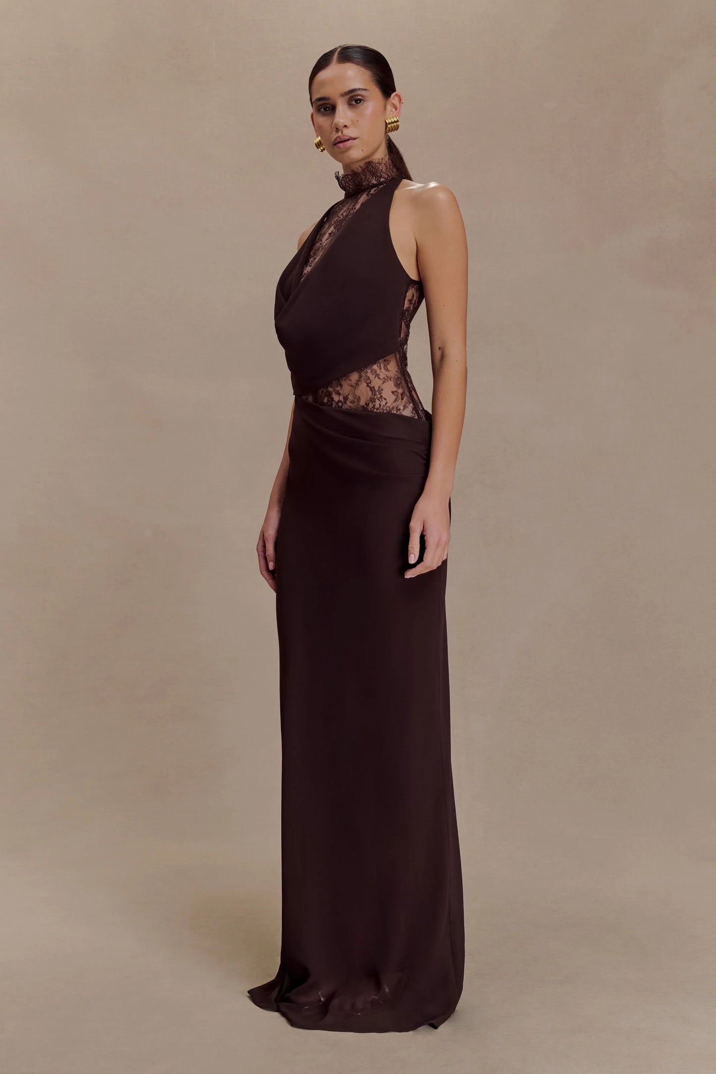 Arra Chiffon And Lace Halter Maxi Dress Cacao Brown
