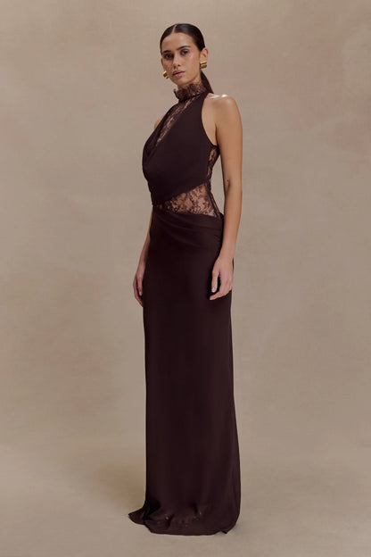 Arra Chiffon And Lace Halter Maxi Dress Cacao Brown