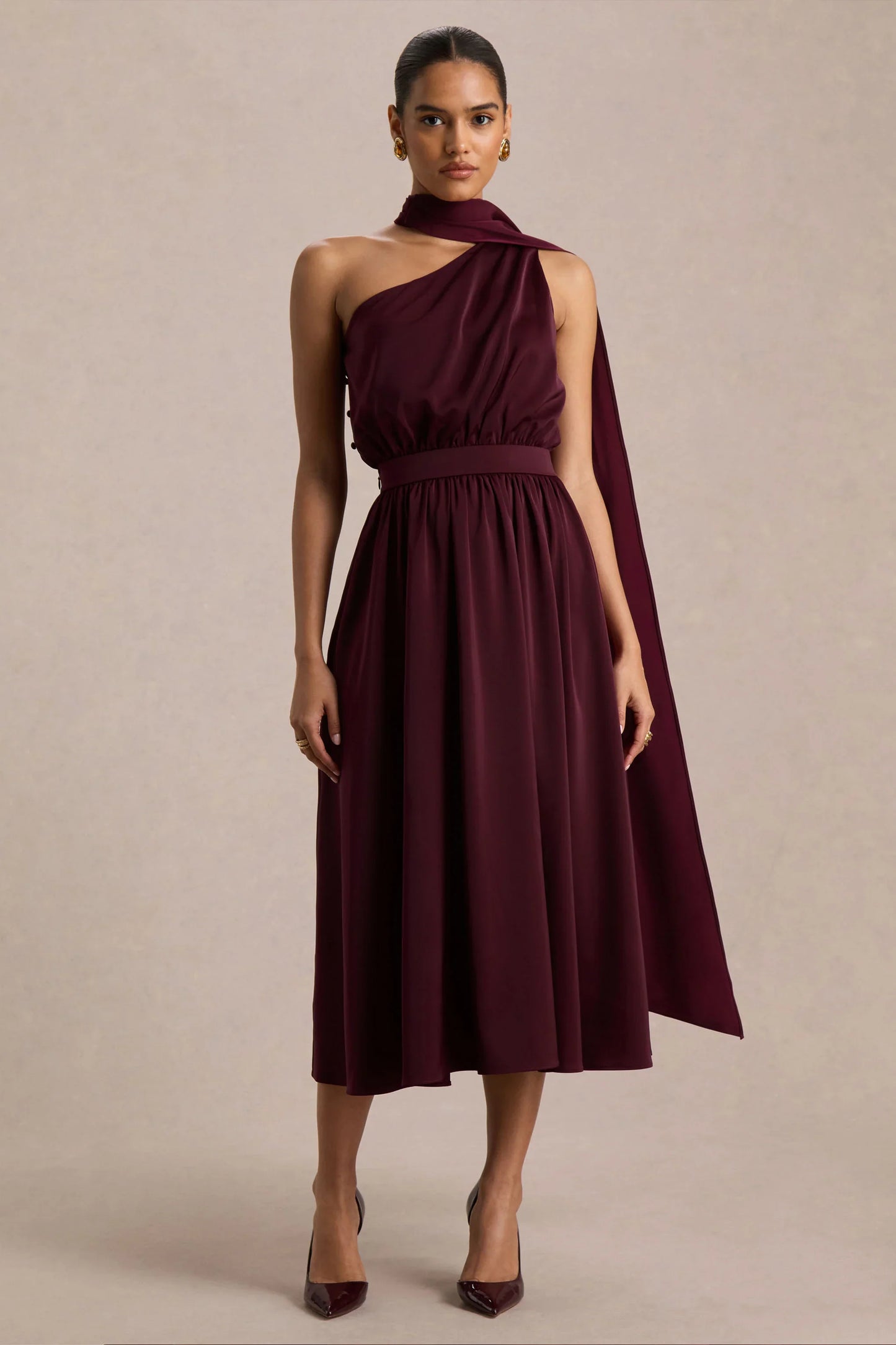 Caluna Burgundy Satin Asymmetric Neck Midi Dress With Scarf Detail