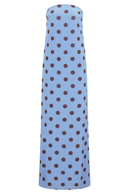 Amaya Strapless Chiffon Maxi Dress Blue Polka Dot