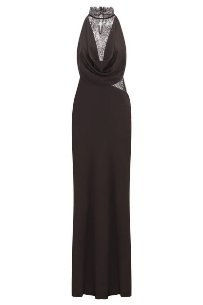 Arra Chiffon And Lace Halter Maxi Dress Cacao Brown