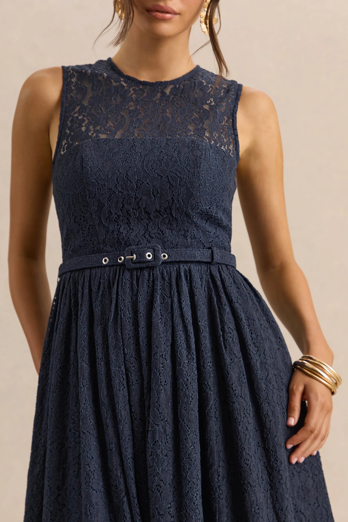 Anabella Navy Lace Crew Neck Belted Midi Dress