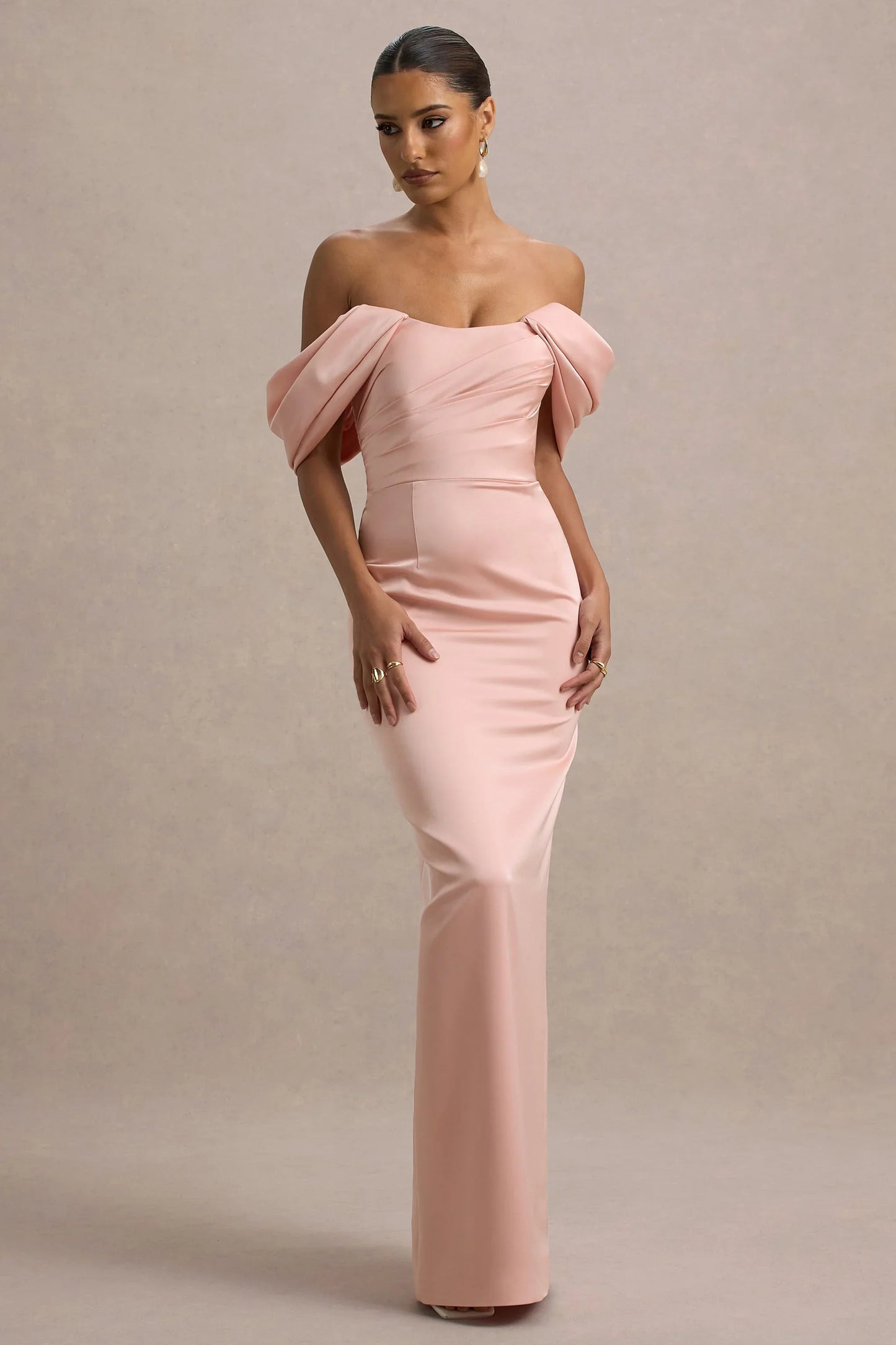 Annita Light Pink Satin Bardot Maxi Dress