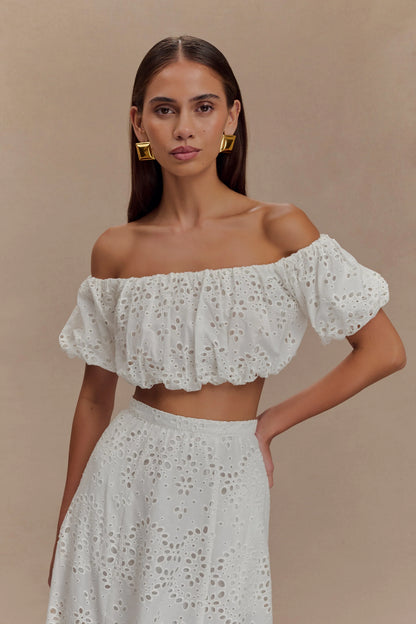 Autumn Off Shoulder Broderie Top White