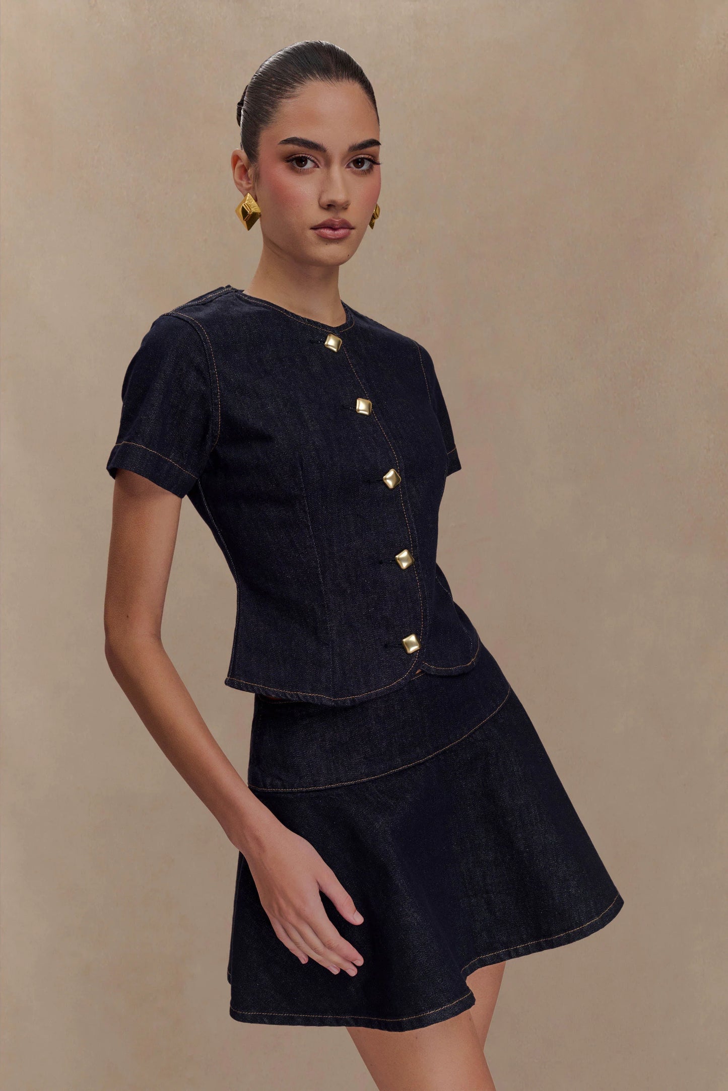 Bethany Short Sleeve Buttoned Denim Top Washed Indigo Blue