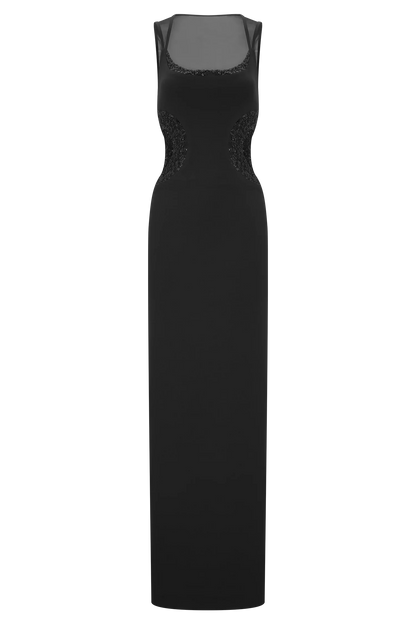 Angelique Beaded Crepe Maxi Dress Black