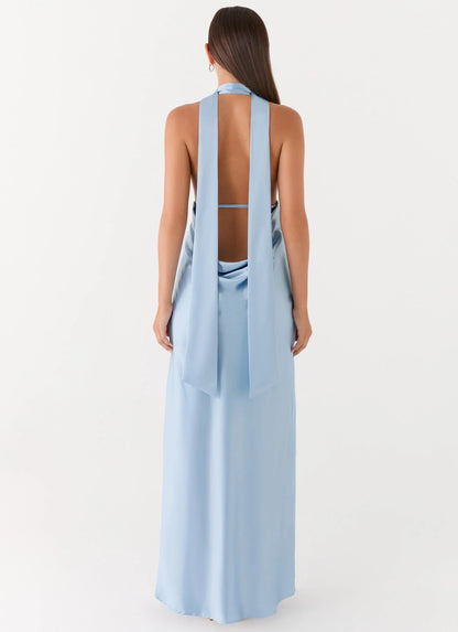 Alicia Satin Halter Maxi Dress Baby Blue