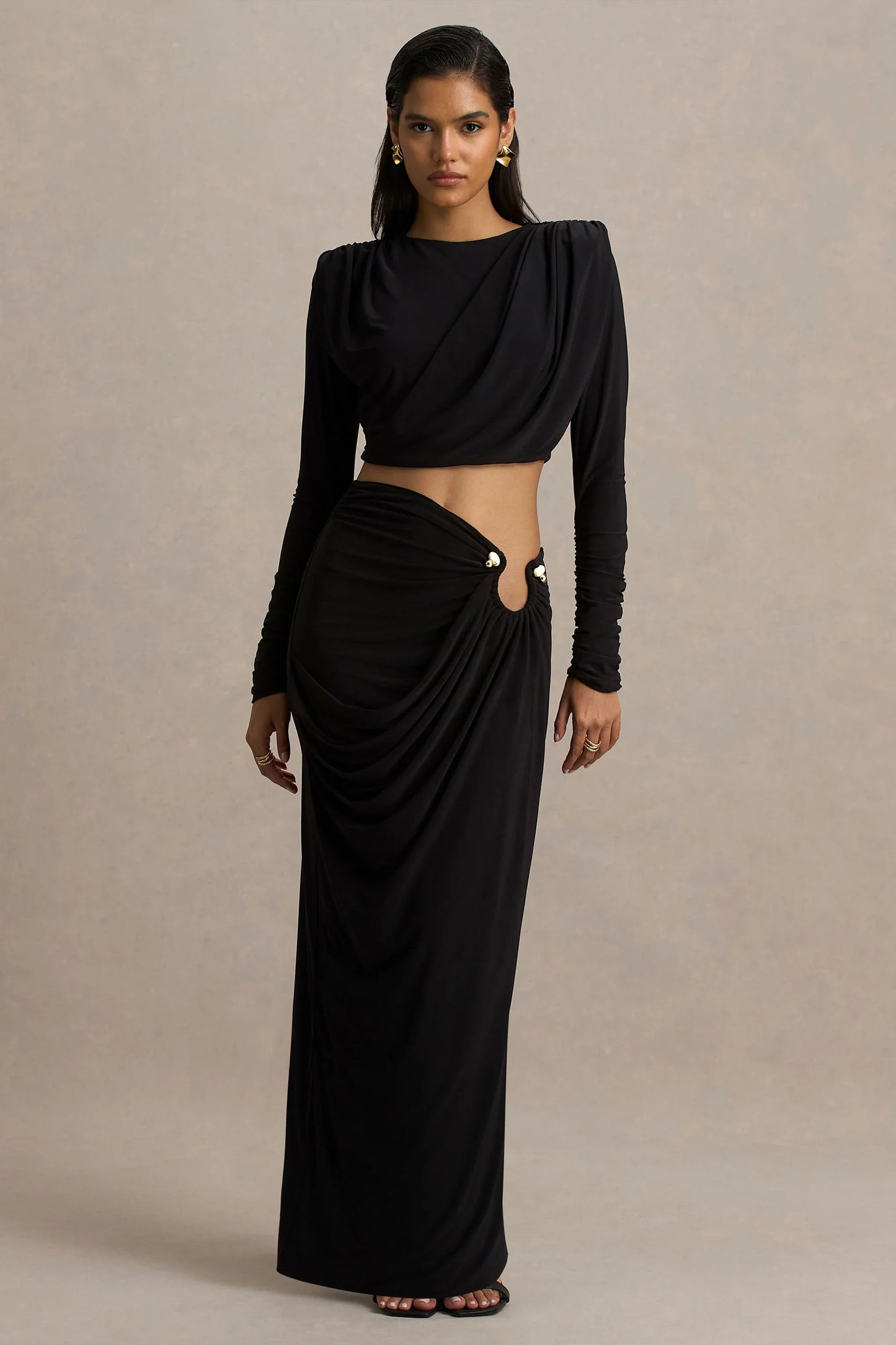 Avaline Black Wrap Maxi Skirt With Ruched Detailing