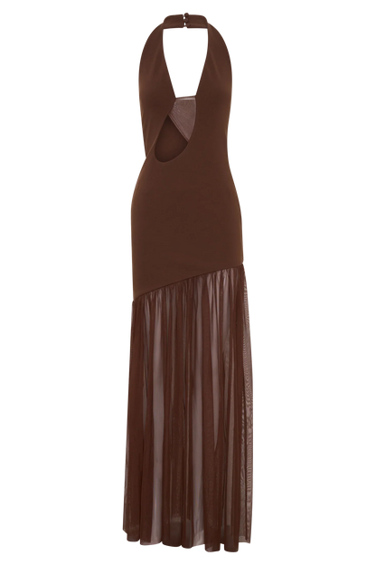 Aubree Crepe And Mesh Maxi Dress Chocolate Mocha