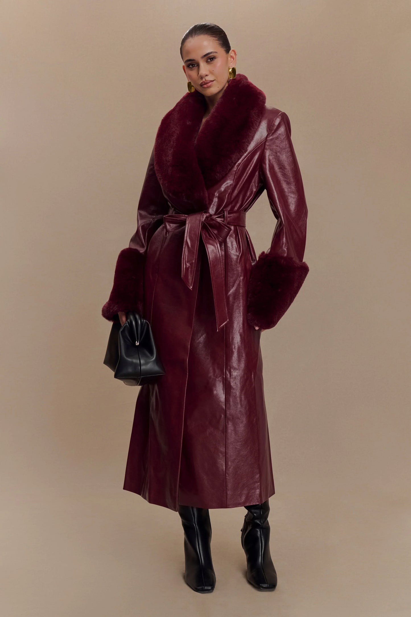 Bec Faux Leather Trench Coat With Faux Fur Cherry Red