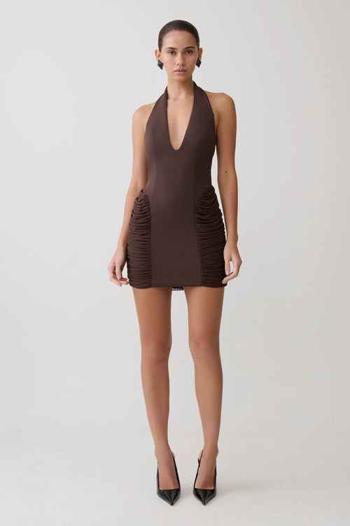 Anari Gathered Scuba Mini Dress Dark Chocolate