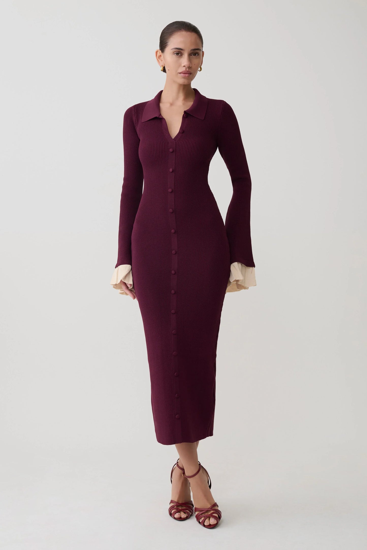 Amirose Ruffle Knit Midi Dress Plum