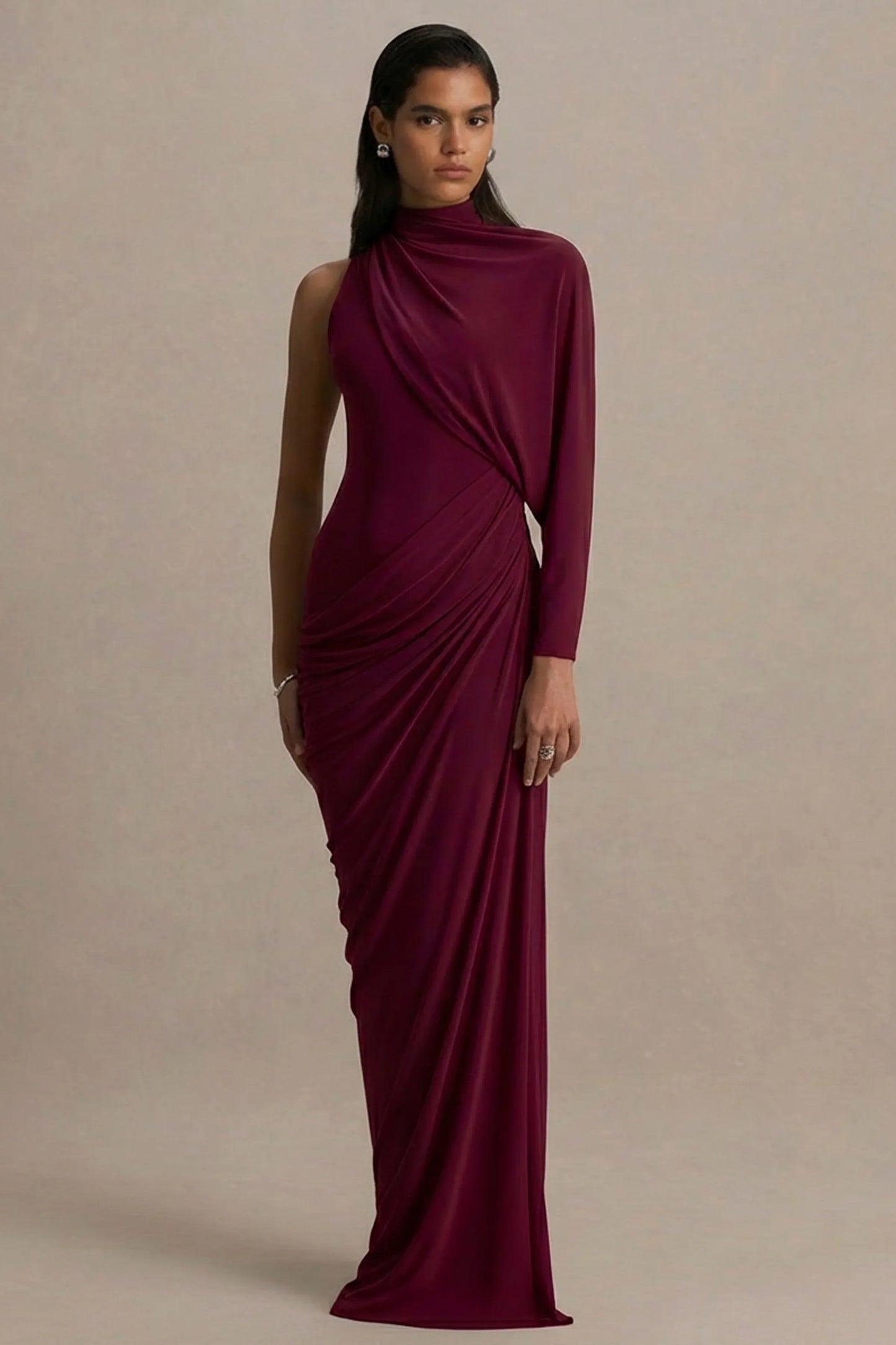 Aphra Burgundy High Neck Maxi Dress With Cape Sleeve