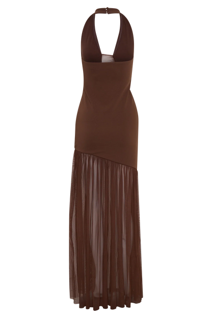 Aubree Crepe And Mesh Maxi Dress Chocolate Mocha