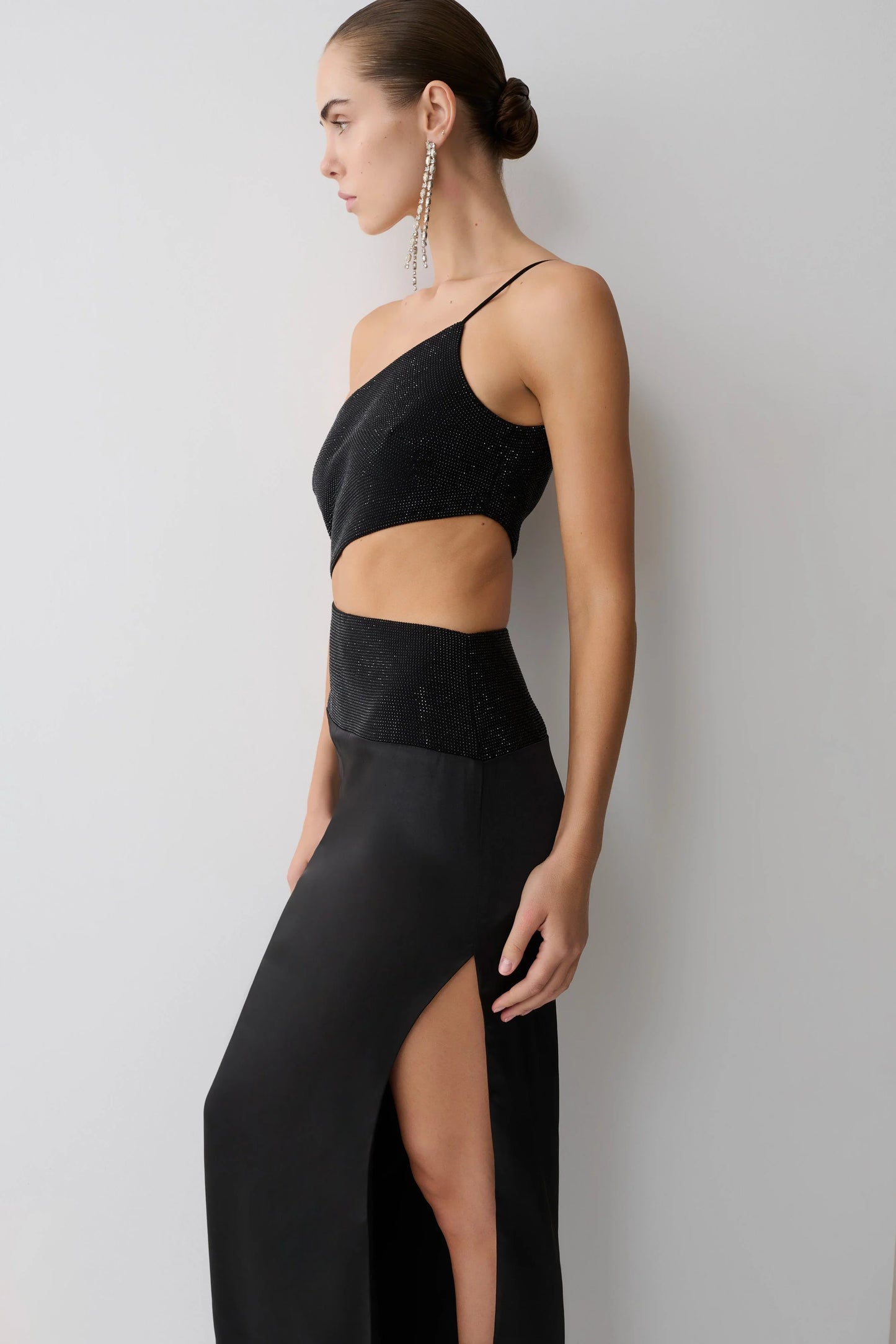 Athena One Shoulder Diamante Maxi Dress Black