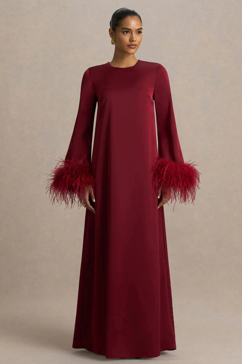 Adella Burgundy Satin Feather Trim Maxi Dress
