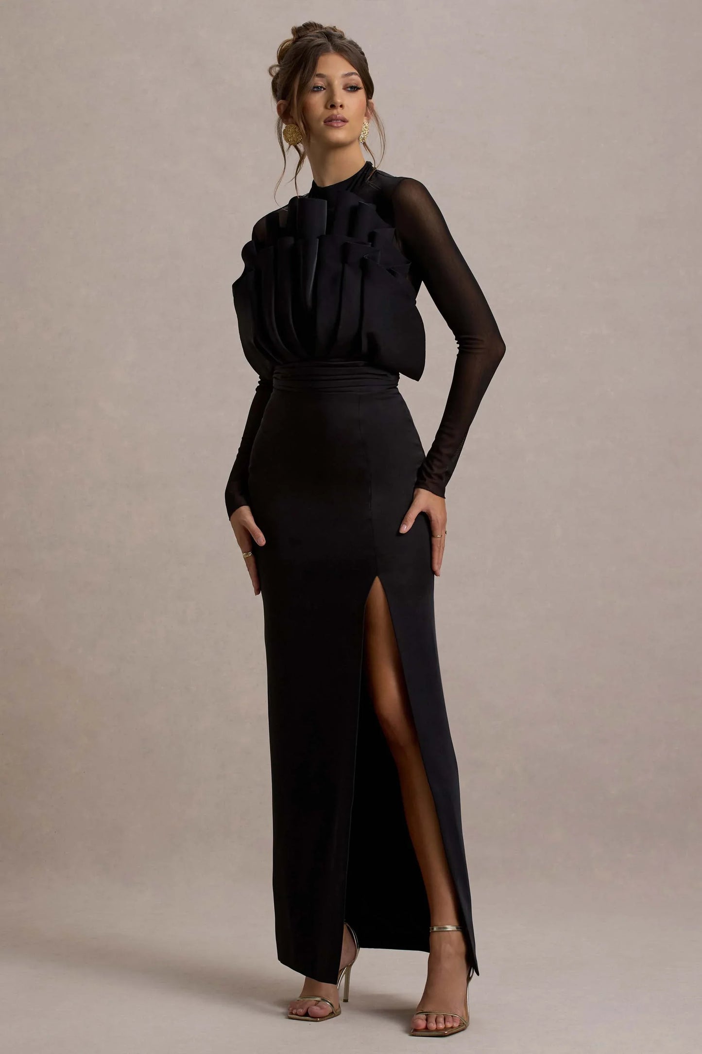 Alder Black Mesh Long Sleeve Ruffled Split Maxi Dress
