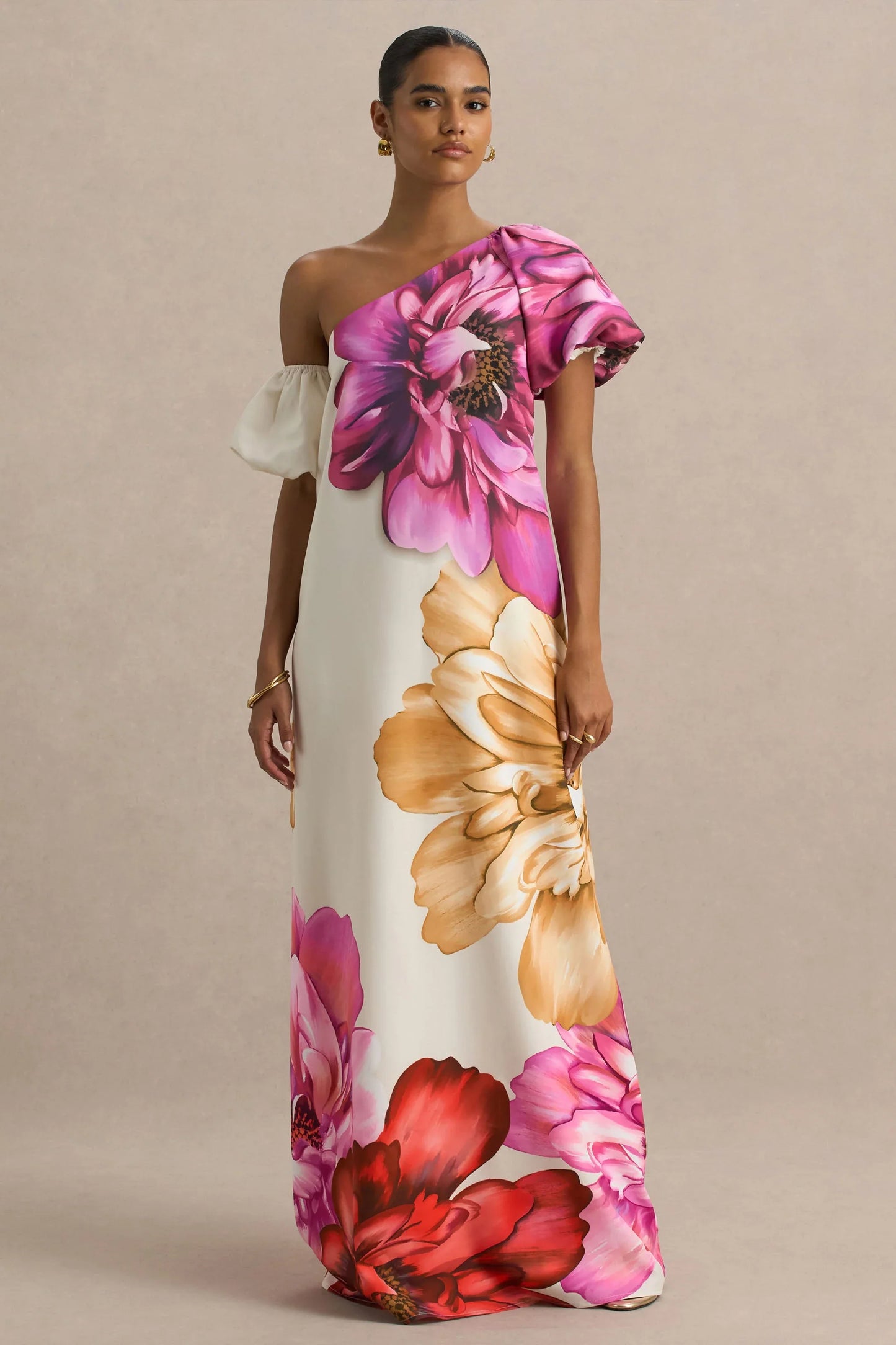 Anastasia Large Multi Floral Print Asymmetric Neck Maxi Dress