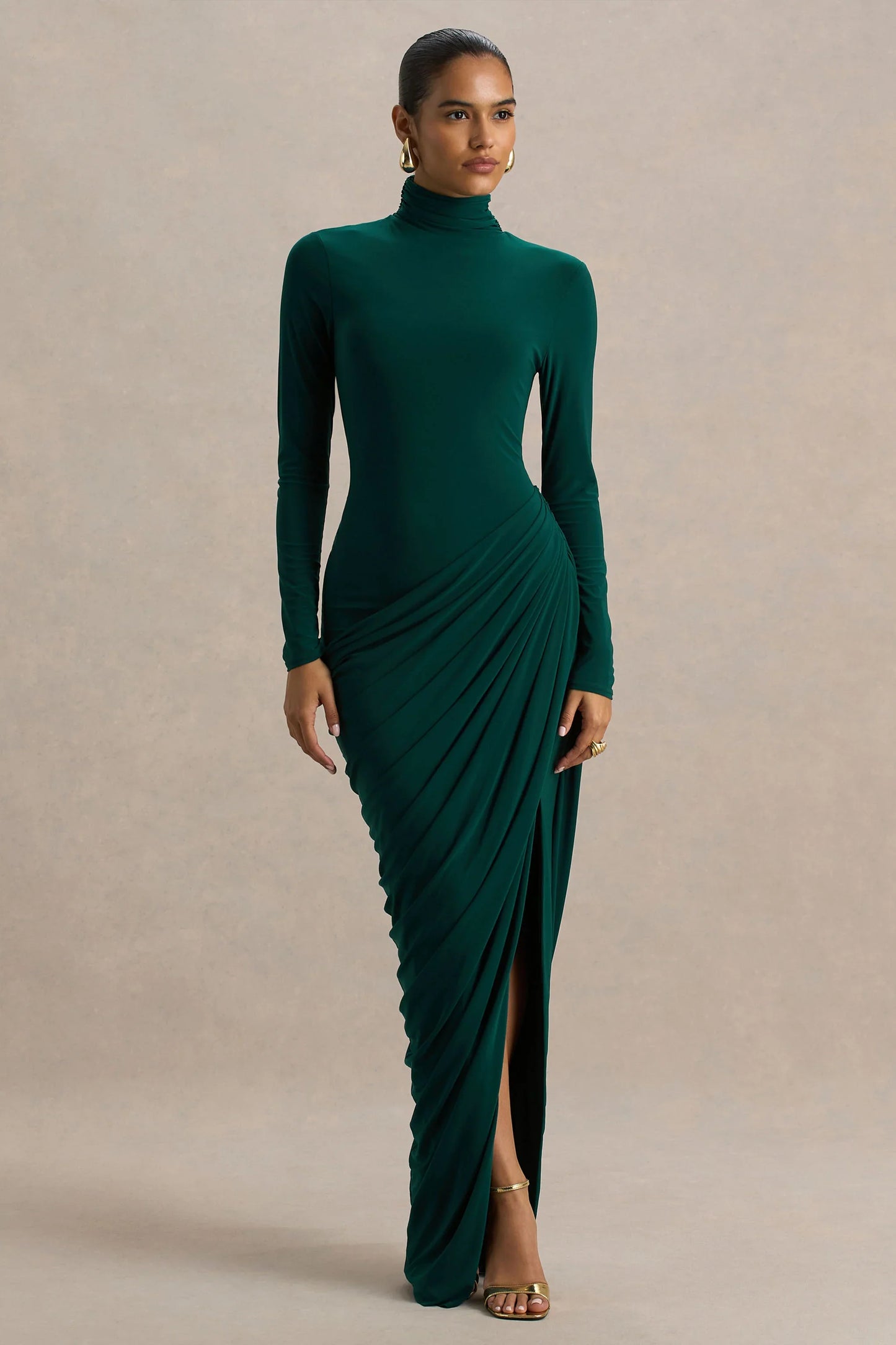 Betsy Bottle Green High Neck Maxi Dress With Front Split And Ruched Detailing