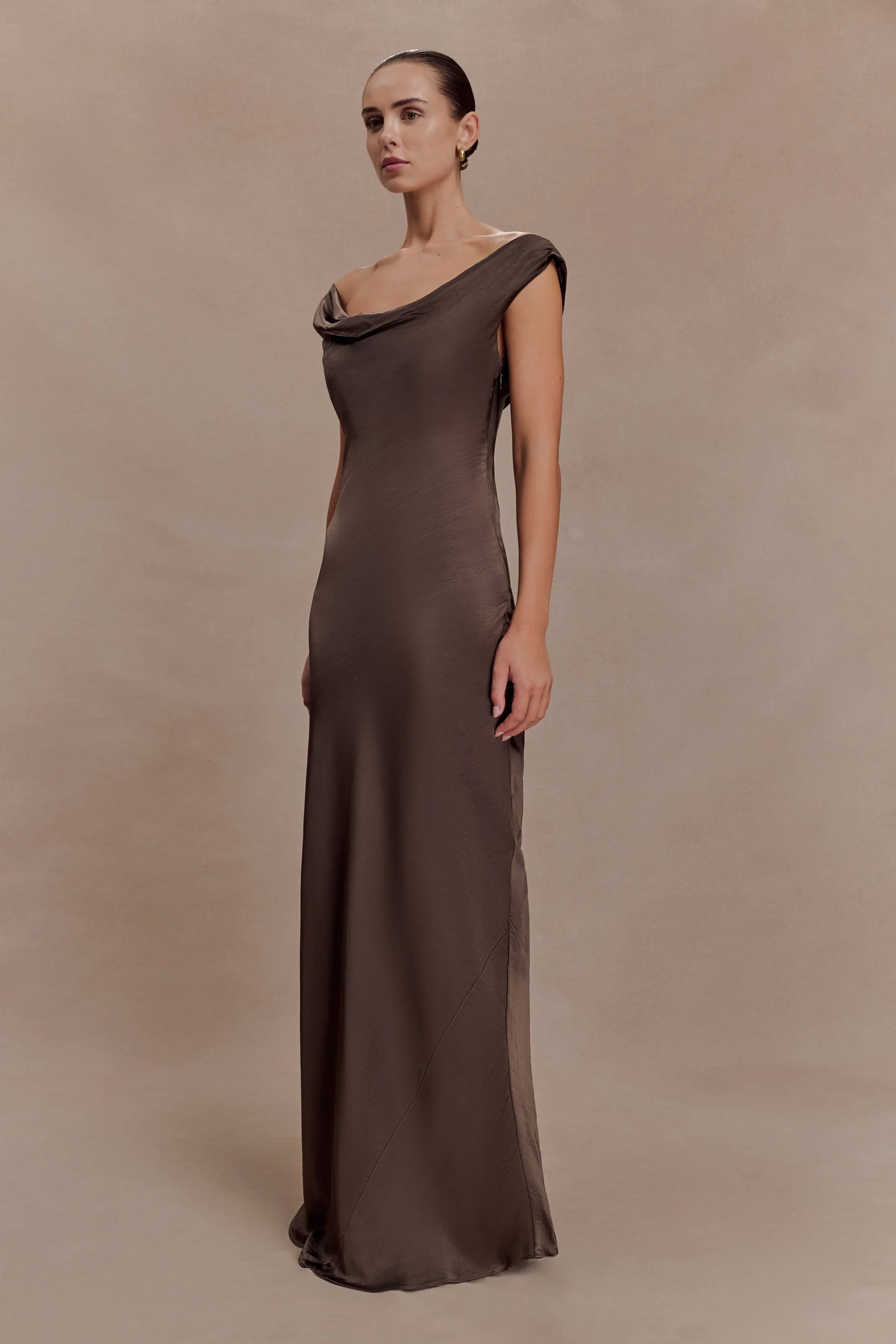 Ashley Cowl Neck Lace And Satin Maxi Dress Mocha