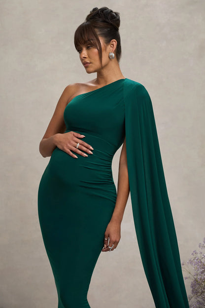 Amaryllis Bottle Green Maternity One Shoulder Maxi Dress with Cape Sleeve