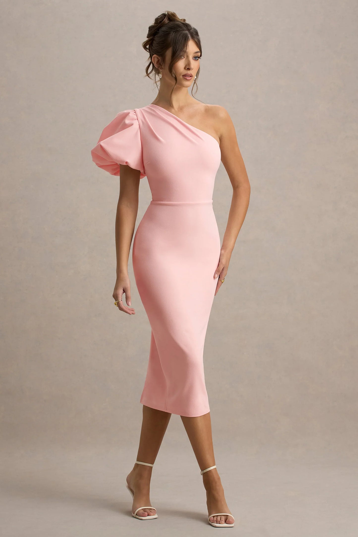 Aimee Pink Asymmetric Puff Sleeve Midi Dress