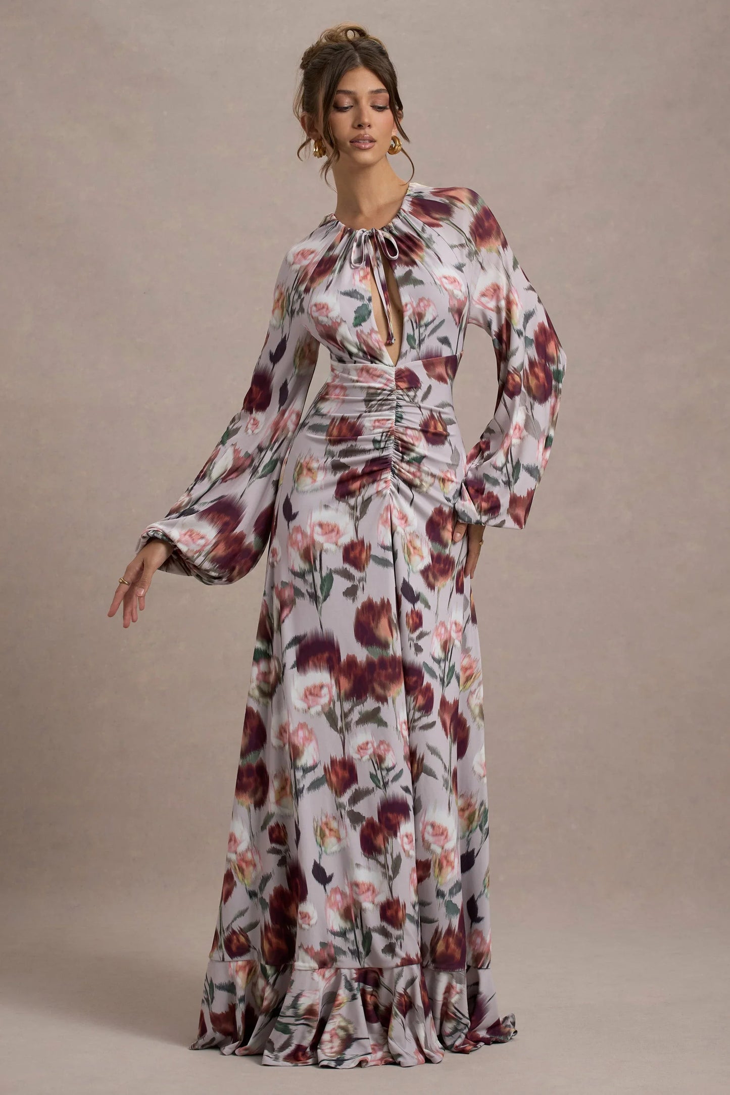 Althena Cream Floral Print Balloon Sleeve Maxi Dress