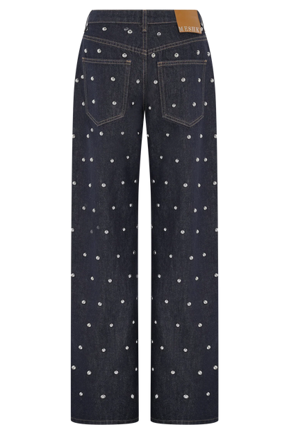 Alima Mid Rise Stud Denim Jeans Washed Indigo Blue
