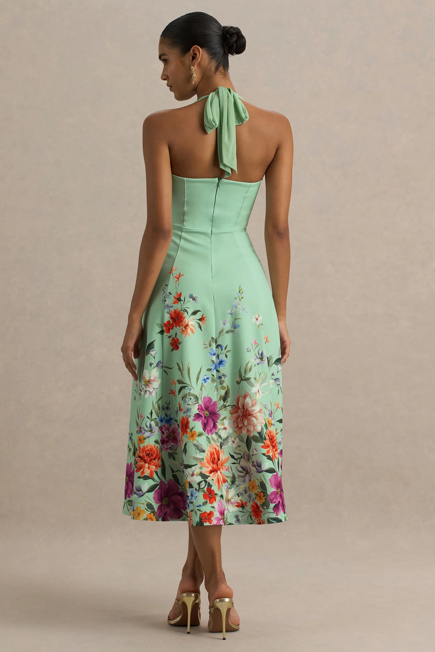 Auburn Mint Placement Floral Halter Neck Midi Dress