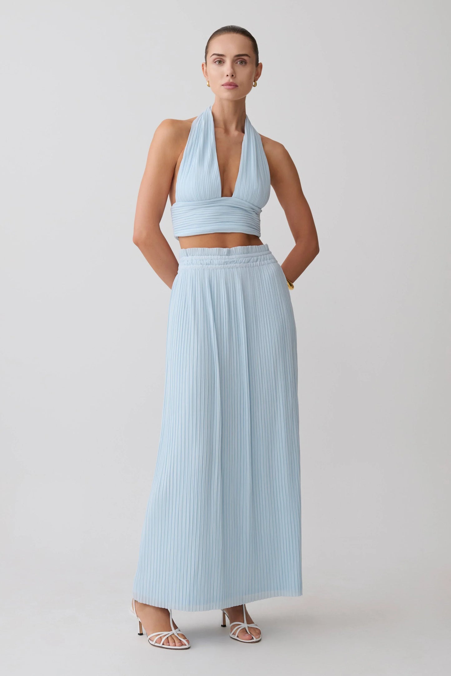 Amaris Sleeveless Plisse Halter Top Pale Blue