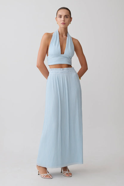 Amaris Sleeveless Plisse Halter Top Pale Blue